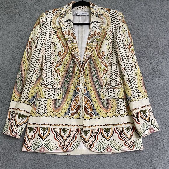 ZARA Ecru Multicolor Paisley Printed Linen Blend Blazer Womens XS Career - Picture 1 of 11